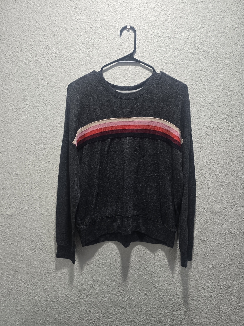 Sundry Charcoal Crewneck Sweater with Pink and Red Stripes
